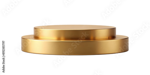 A two-tier gold pedestal stand designed for product display, featuring a sleek and modern finish. Isolated on transparent background, png.