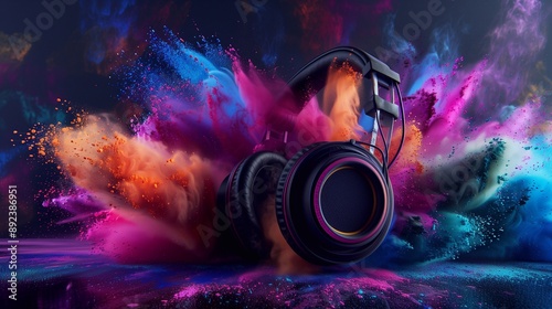 A pair of black and pink headphones sits amidst a vibrant explosion of colorful powder, creating a dynamic and energetic scene. The headphones are the focal point, with the powder swirling around.