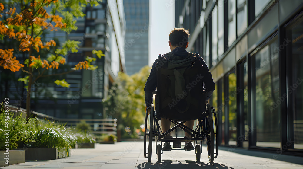 Obraz premium Person in a wheelchair enjoying a sunny day in the city.