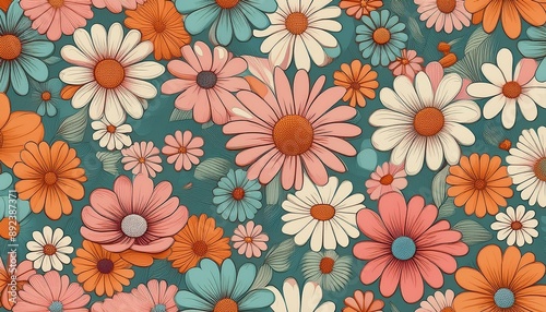 trendy floral seamless pattern vintage 70s style hippie flower background design colorful pastel color groovy artwork y2k nature backdrop with daisy flowers © Louis