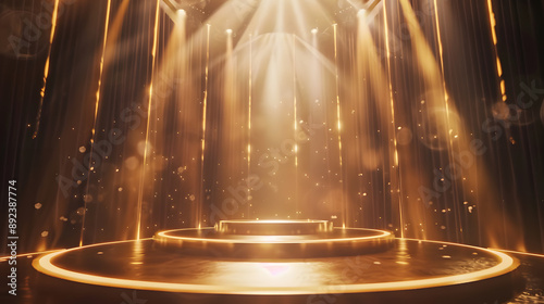 Elegant stage with golden light beams and sparkling effects.