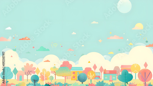 Pastel landscape with whimsical houses and trees under a sunny sky.