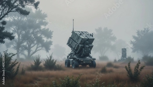 An air defense system in the middle of a foggy early morning, with dew on the surrounding vegetation and muted colors
 photo