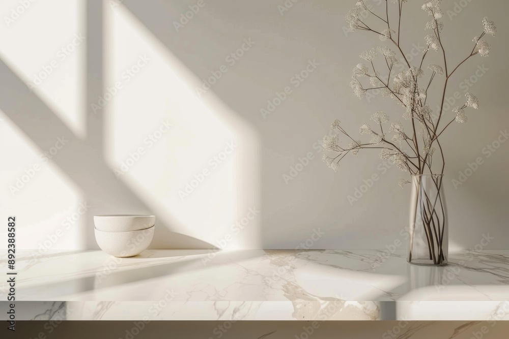 table in nordic scandinavian minimal kitchen mockup, copy space, wooden counter surface, natural morning sunny light in modern apartment, floral arrangement in vase and homemade ceramic clay bowls table in nordic scandinavian minimal kitchen mockup, copy space, wooden counter surface, natural morning sunny light in modern apartment, floral arrangement in vase and homemade ceramic clay bowls