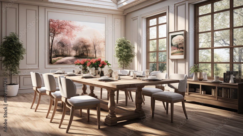 Obraz premium Dining room with table and chairs, panoramic view.
