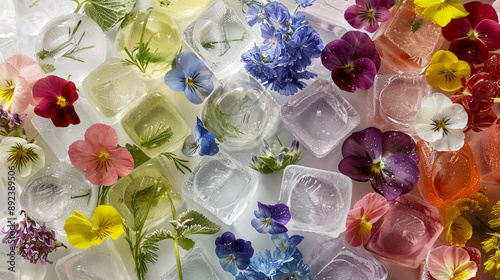 Colorful variety of fresh edible flowers frozen in ice cubes