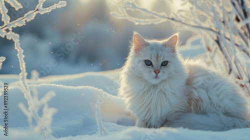 White fluffy turkish angora cat on snow  photo