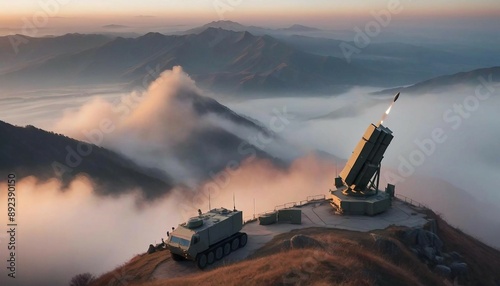 An air defense system positioned on a mountain ridge during sunrise, with mist rising from the valley below
 photo