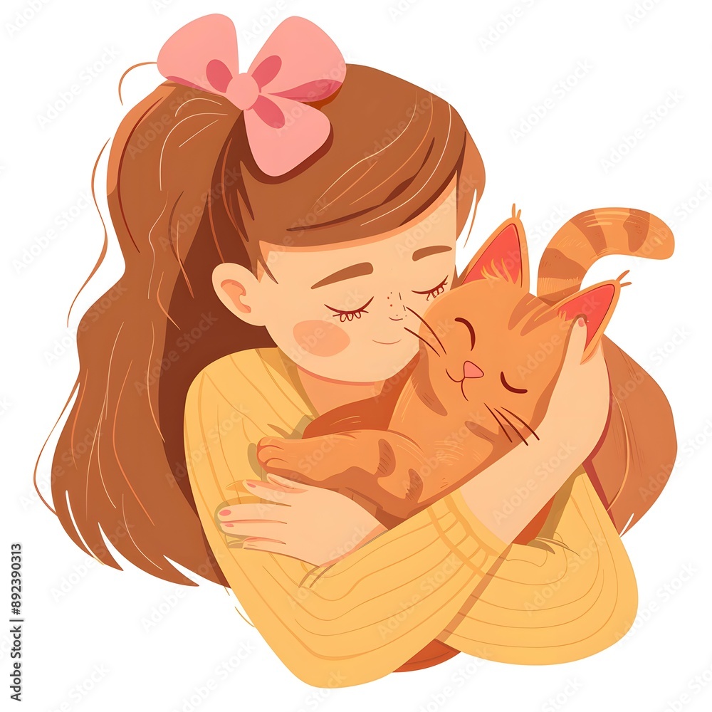 International Cat Day. Pet Day. The girl hugs her pet - a red cat in a flat style