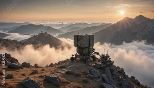 An air defense system positioned on a mountain ridge during sunrise, with mist rising from the valley below
 photo