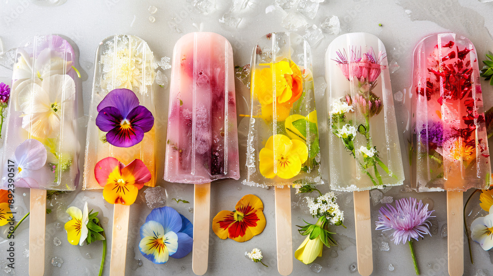 Colorful variety of fresh edible flowers in ice pops Colorful variety of fresh edible flowers in ice pops