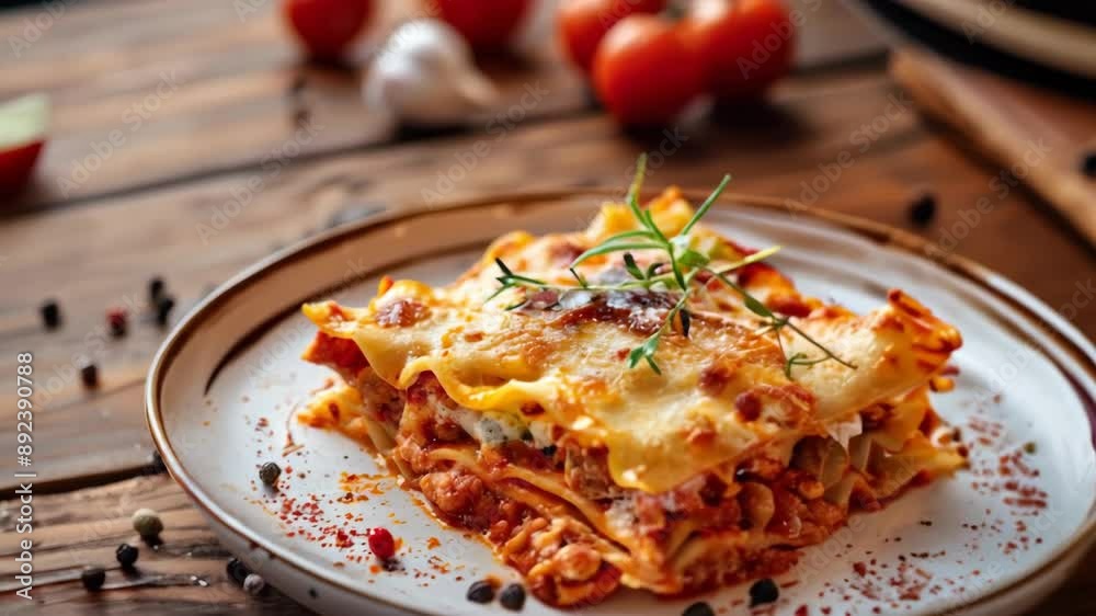 3D render of a delicious lasagna slice garnished with herbs on a rustic wooden table 3D render of a delicious lasagna slice garnished with herbs on a rustic wooden table