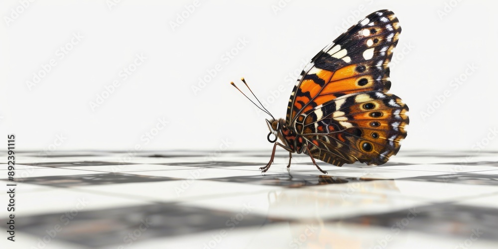 Obraz premium A colorful butterfly perched on a traditional checkered floor, perfect for illustrations and design projects