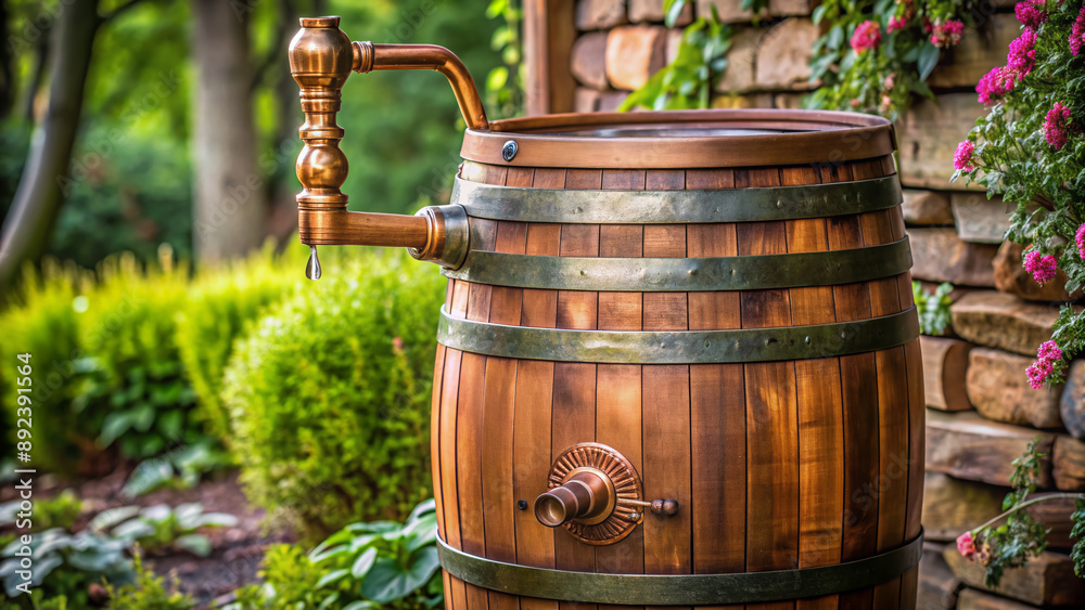 Fototapeta premium A wooden rain barrel with a copper spout and ornate details sits beneath a downspout, collecting rainwater for a lush green garden.