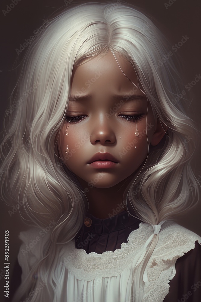 Fototapeta premium Baby girl cries from feelings of love and pain in her heart. Depressive portrait of a child in tears.