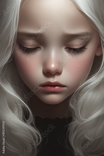 Baby girl cries from feelings of love and pain in her heart. Depressive portrait of a child in tears.