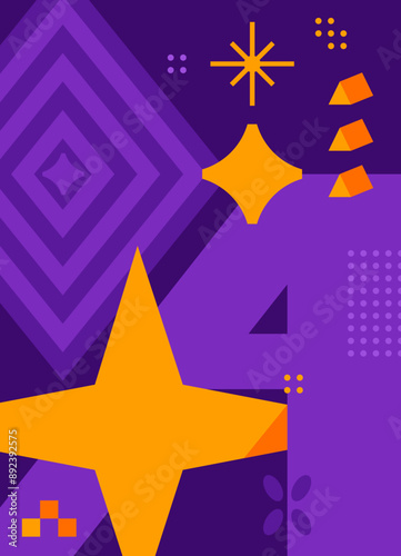 Card with the image of abstract elements. Composition with the letter A. Dynamic geometric design in a purple palette.