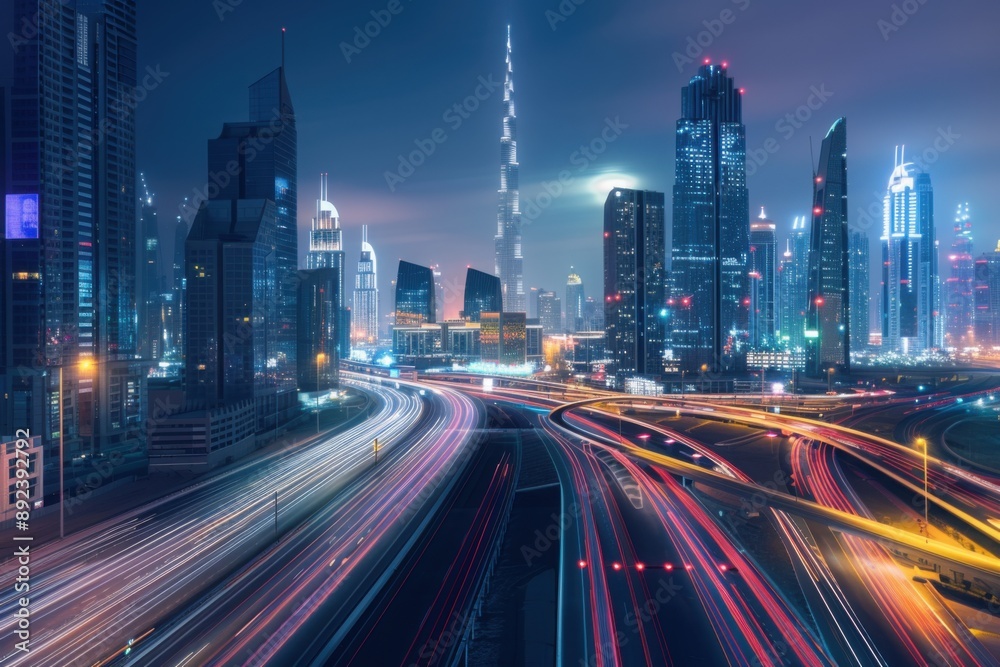 Fototapeta premium City skyline with neon lights taken using low shutterspeed