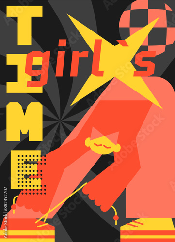 Vibrant abstract illustration with character. Geometric design in a orange gray palette. Groove poster in modern style. The topic of girl’s time.