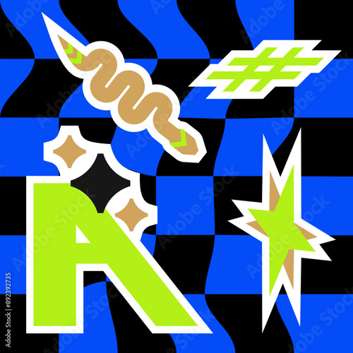 Neon abstract stickers. Sticker pack in outline style. Symmetry and texture shapes. Design in modern groove style.
