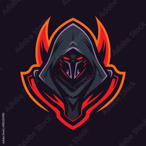esports logo vector design of assassin mysterious hooded figure character with glowing red outlines on dark background