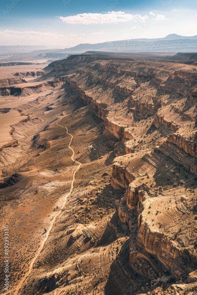 Fototapeta premium Aerial view of a desert area with a dirt road stretching into the distance