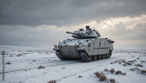 An armored vehicle patrolling a snowy battlefield, under a cold, overcast sky, with heavy snowfall
 photo