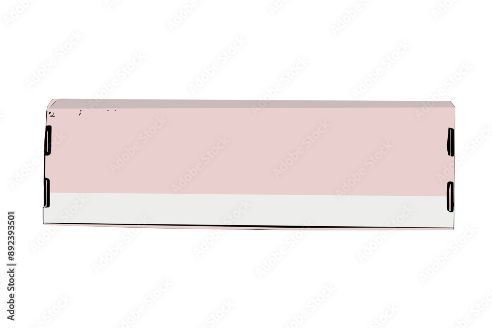 Slim rectangular box with two-tone design: soft pink top, white bottom. Black edges suggest opening mechanism. Flat, elongated shape. Minimalist style with smooth surface, made of cardboard. Slim rectangular box with two-tone design: soft pink top, white bottom. Black edges suggest opening mechanism. Flat, elongated shape. Minimalist style with smooth surface, made of cardboard.