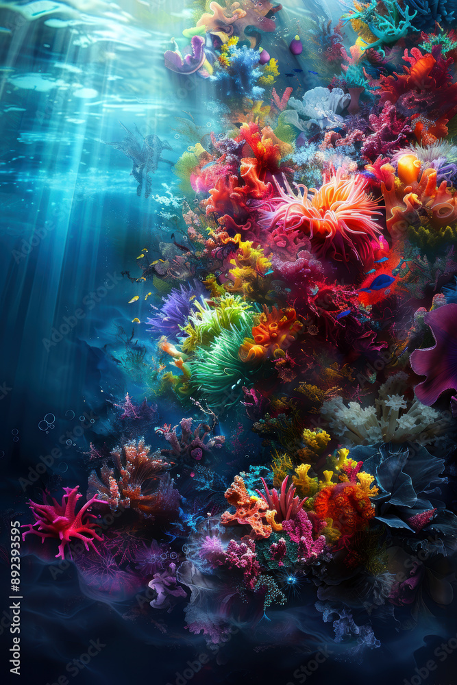 A colorful underwater scene with a variety of sea creatures. Concept of vibrancy and life, as the bright colors of the coral and fish contrast with the deep blue of the water