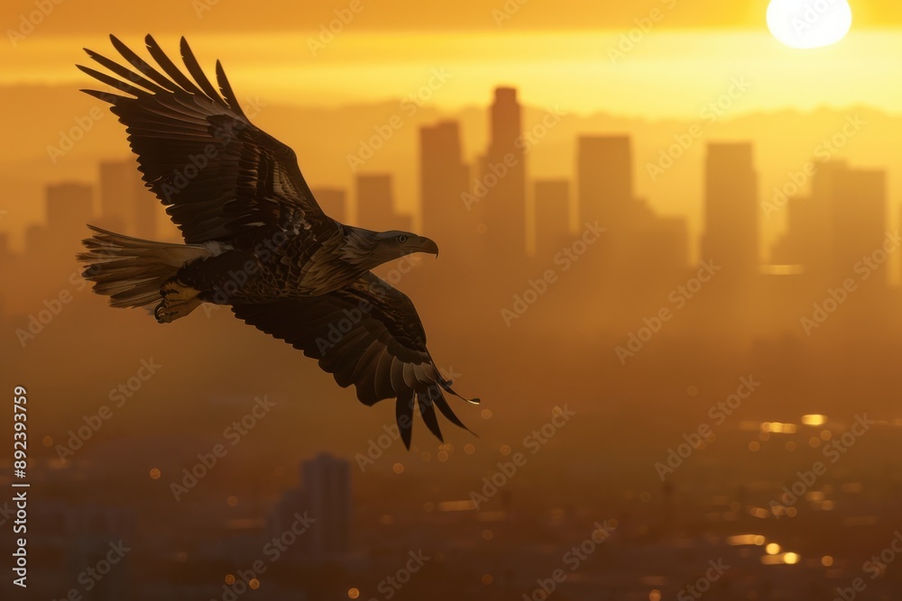 Obraz premium Eagle soaring over a cityscape, freedom concept, with copy space