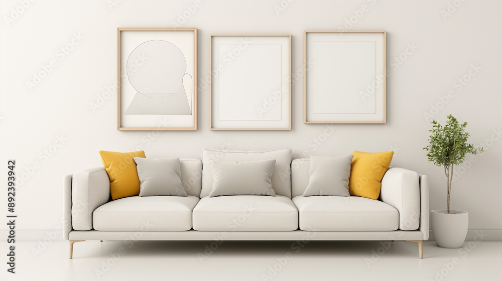 A white couch with three framed pictures on the wall A white couch with three framed pictures on the wall