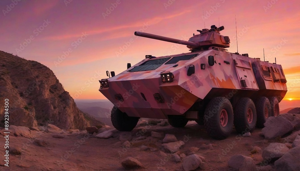 An armored vehicle stationed on a rocky hillside at sunset, with the sky ablaze with orange and pink hues
An armored vehicle stationed on a rocky hillside at sunset, with the sky ablaze with orange and pink hues