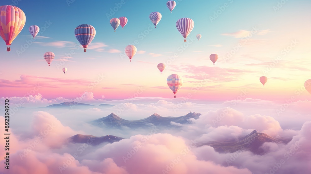 Obraz premium A panoramic photograph of a vast expanse of hot air balloons in a rainbow of colors, filling the horizon with a breathtaking spectacle.