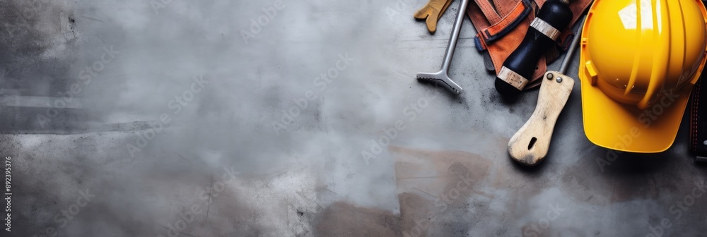 Obraz premium Craftsmanship in Construction - Flatlay of Tools on Concrete with Hammer, Helmet, and Gloves