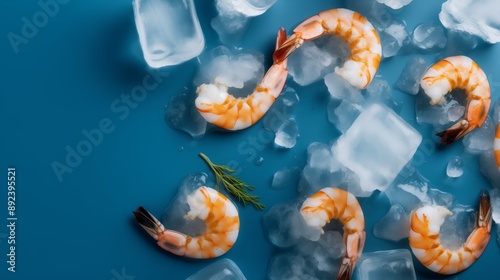 food photography, frozen shrimp on ice cubes, top view, blue background, soft shadows, high resolution photography. The image is in the style of soft shadows