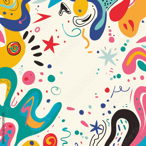 a vibrant and playful birthday party invitation. The design should feature a white background with colorful, abstract shapes and patterns, such as swirls, stars