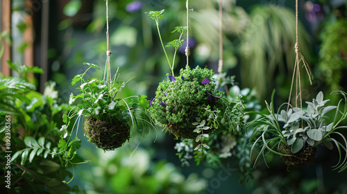 Colorful variety of fresh herbs in a hanging kokedama garden photo