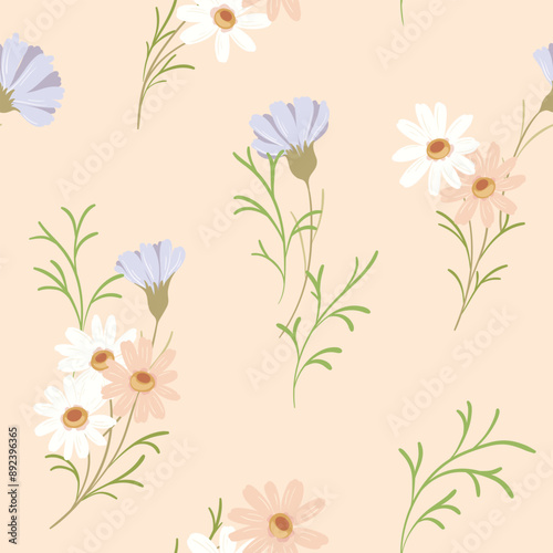 Seamless floral pattern, abstract nature ornament, delicate flower print of simple wild plants. Cute botanical design: hand drawn small flowers, large leaves on pastel pink field. Vector illustration.