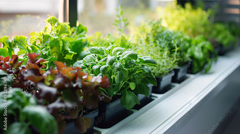 Colorful variety of fresh herbs in a hydroponic window garden