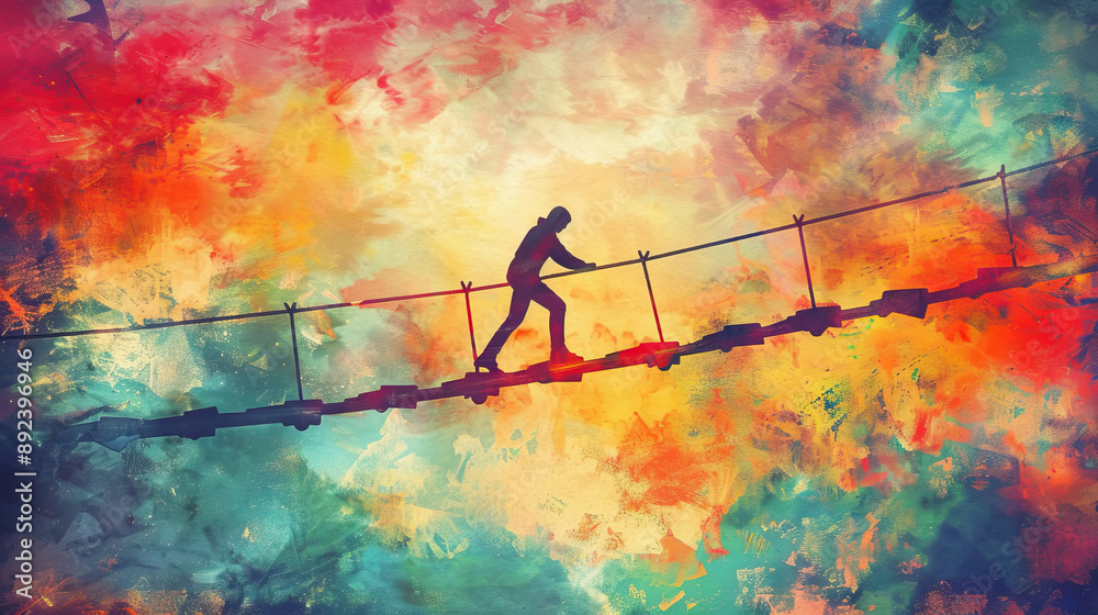 Naklejka premium A person walks along a rope bridge, looking down, as they cross over a colorful abstract sky