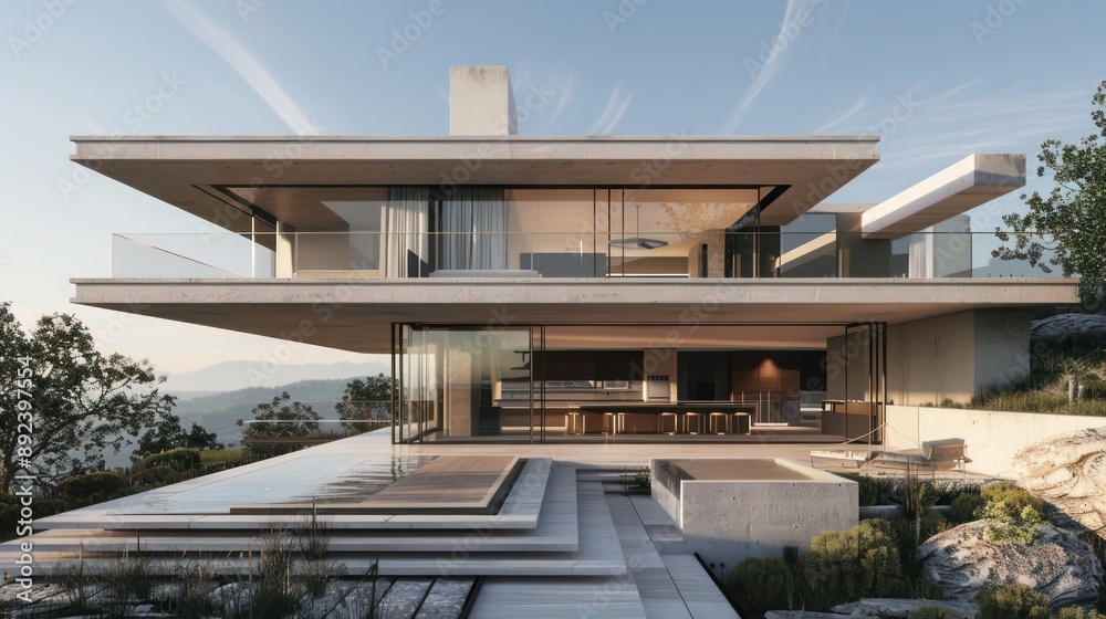 Fototapeta premium Contemporary luxury home with a minimalist design, featuring an elevated structure and large sliding doors Ensure room for text