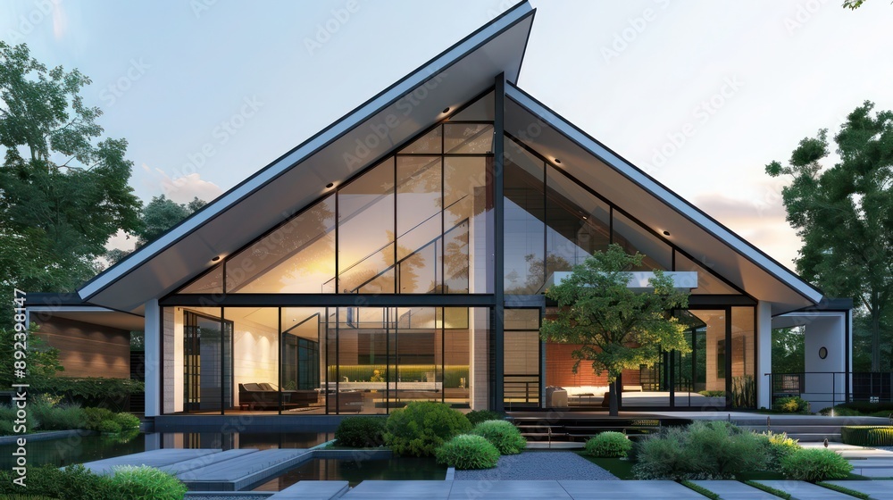 Contemporary minimalist home with a unique roof design and large front windows, surrounded by a simple garden