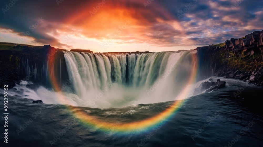 Fototapeta premium photograph of a rainbow forming a perfect circle around a majestic waterfall, creating a breathtaking natural phenomenon