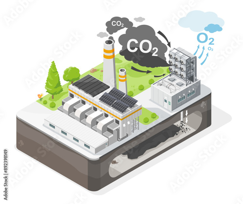 carbon capture CO2 to O2 and storage underground station for eco industrial factory carbon credit friendly concept isometic isolated illustration