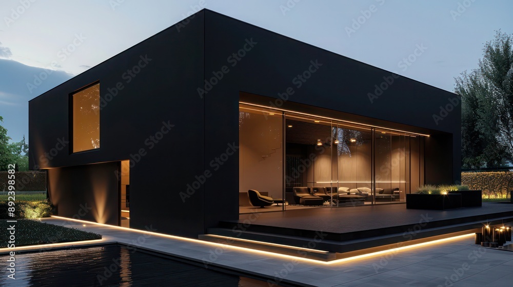 Contemporary minimalist home with an all-black facade and discreet lighting, creating a dramatic evening scene Include space for text