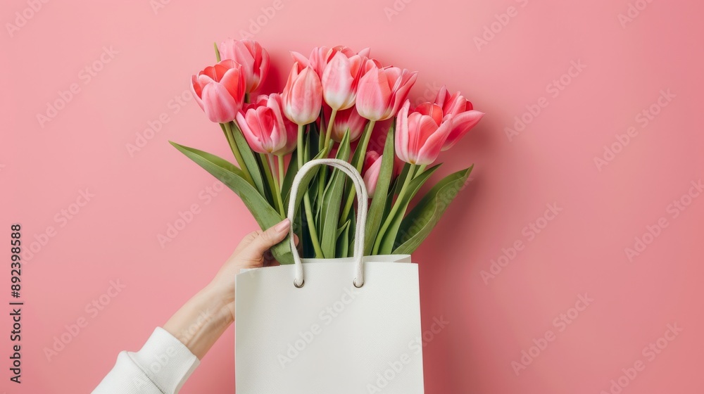 Obraz premium Hand holding white shopping bag with pink tulips on pink background