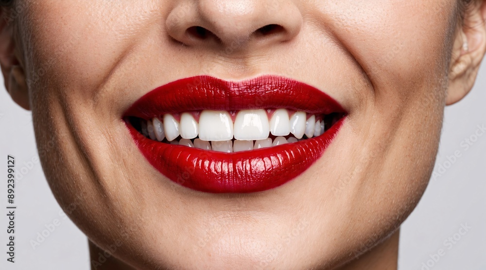 Closeup of a woman with red lipstick smiling, showing her white teeth. Closeup of a woman with red lipstick smiling, showing her white teeth.
