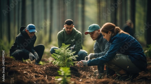 Volunteers actively planting trees in a lush forest. The image shows dedication to environmental conservation and teamwork, emphasizing community involvement in sustainable development efforts.