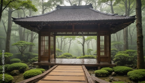 Historic Japanese tea house with wooden beams and sliding shoji doors, situated in a lush, green forest during the early morning mist 