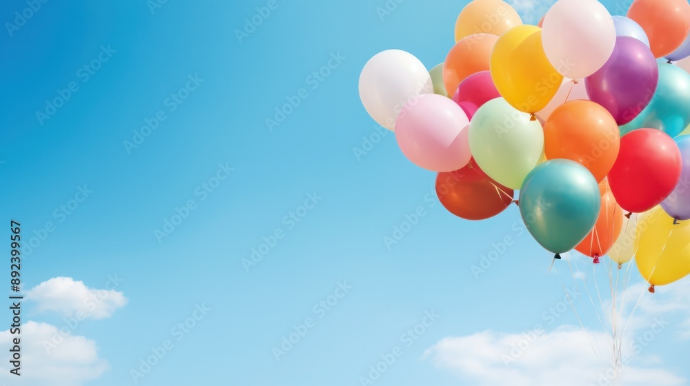 Photograph of a vibrant cluster of colorful balloons soaring high in the clear blue sky, captured in a photorealistic style.